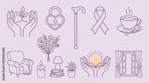 Photos Collection of line art icons representing comfort, care, and well-being for seniors and elderly individuals