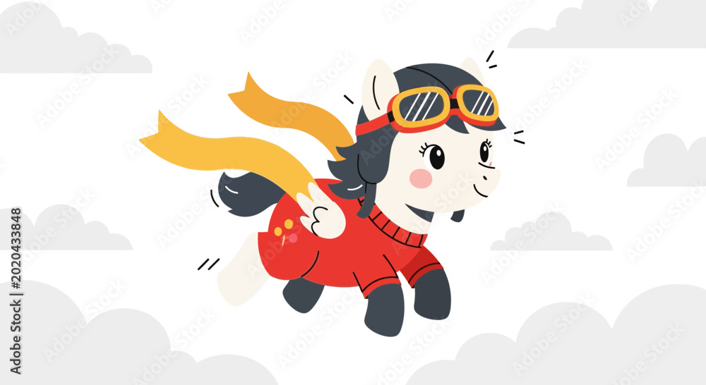 Naklejka premium Skyward Pony Hero Flying Through Clouds with Pilot Gear