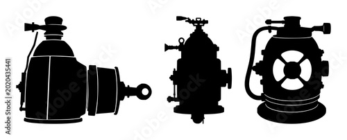 Photos Deep-sea diving bell set with solid black silhouette and isolated on white backg