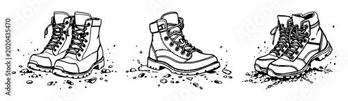 Foto Hiking boots set with black ink sketch showing mud splashes on rugged paths feat