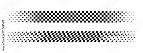 Checkered black and white banners with faded effect. Taxi or police car borders. Race flag textures. Motocross or chess game competitions print. Start or finish concept. Vector graphic illustration