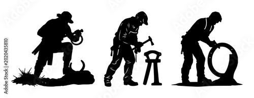 Photos Farrier set with a solid black silhouette of a blacksmith hammering a horseshoe