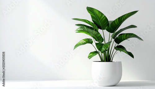 Brightly lit bird of paradise plant in a white pot against a white wall