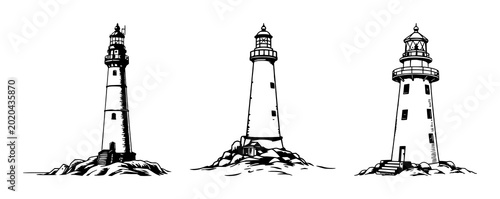 Fotografie Lighthouse set with intricate woodcut style illustration featuring lighthouse, l