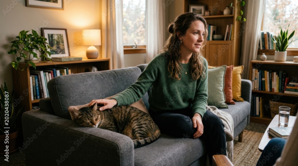 Obraz premium Woman Comforting Cat on Couch in Cozy Living Room Setting.