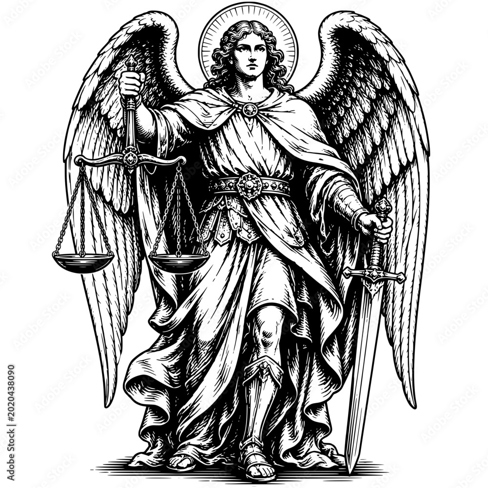 Obraz premium angel of justice with scales sword and skull for divine judgment mythology religion guardian and gothic fantasy concept