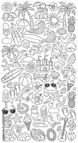 Summer Beach Vacation Doodle Set with Tropical Elements.