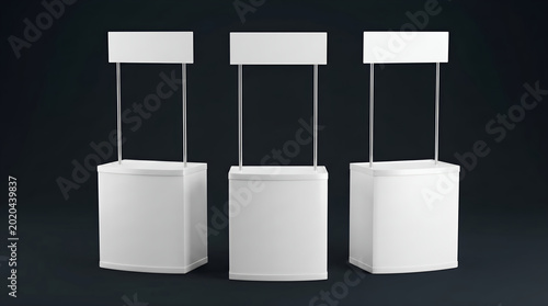 Versatile Set of Three Blank White Promotional Stands Mockup for Event Marketing, Trade Shows, and Product Display