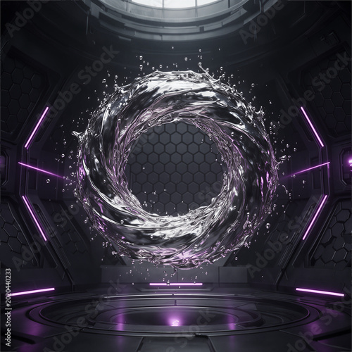 Molten Liquid Metal Swirling in Centrifugal Centrifuge, High Tech Space Refinery Lab, Liquid Chrome Vortex in Zero Gravity