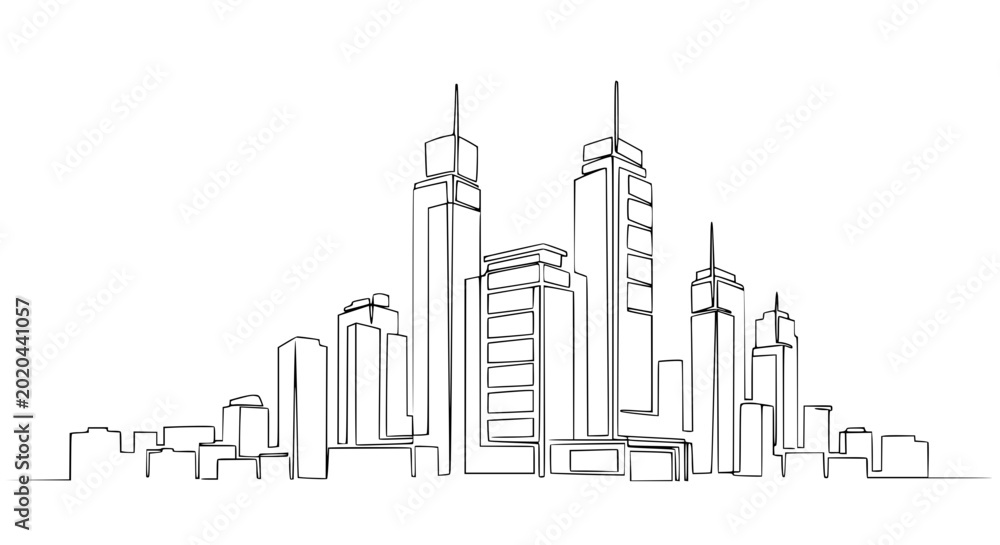 Fototapeta premium Modern Cityscape Single Line Drawing - Skyline of Tall Buildings