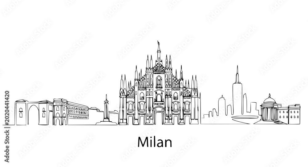Obraz premium Milan Skyline Line Art: Duomo, Arco della Pace, Modern Buildings