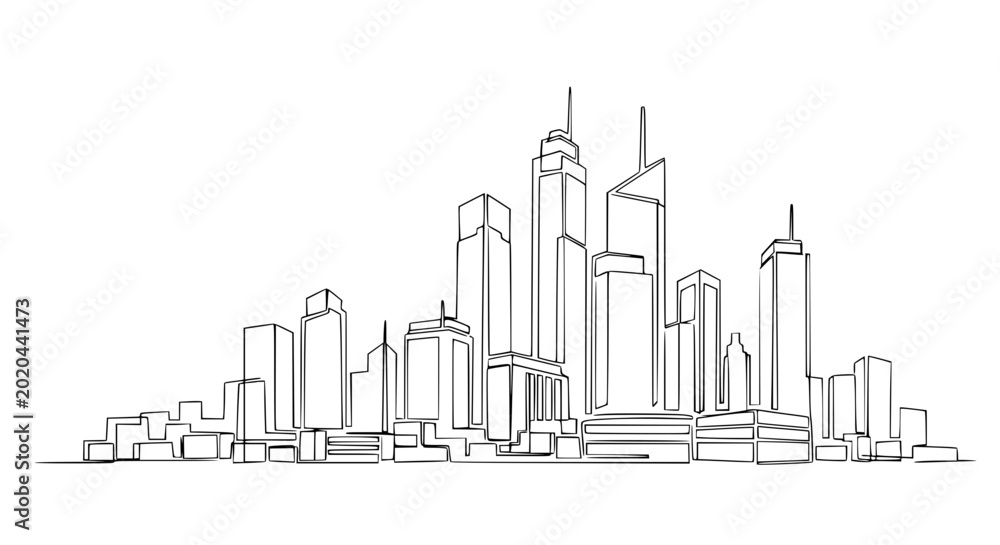Fototapeta premium Modern City Skyline Drawing - Continuous Line Art of Skyscrapers