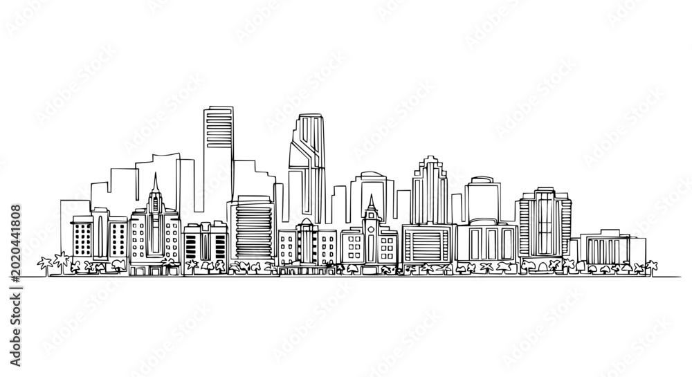 Naklejka premium Cityscape Sketch Drawing - Modern and Historic Buildings Skyline