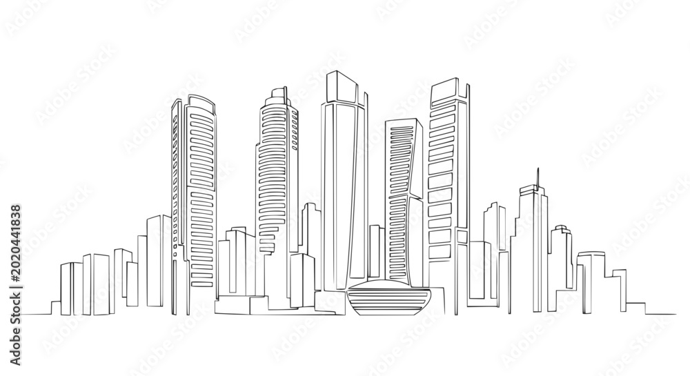 Obraz premium Modern Cityscape Line Drawing: Sleek Skyscrapers and Urban Skyline Art