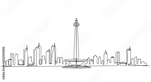 Monas Landmark Silhouette, Jakarta Cityscape One Line Drawing