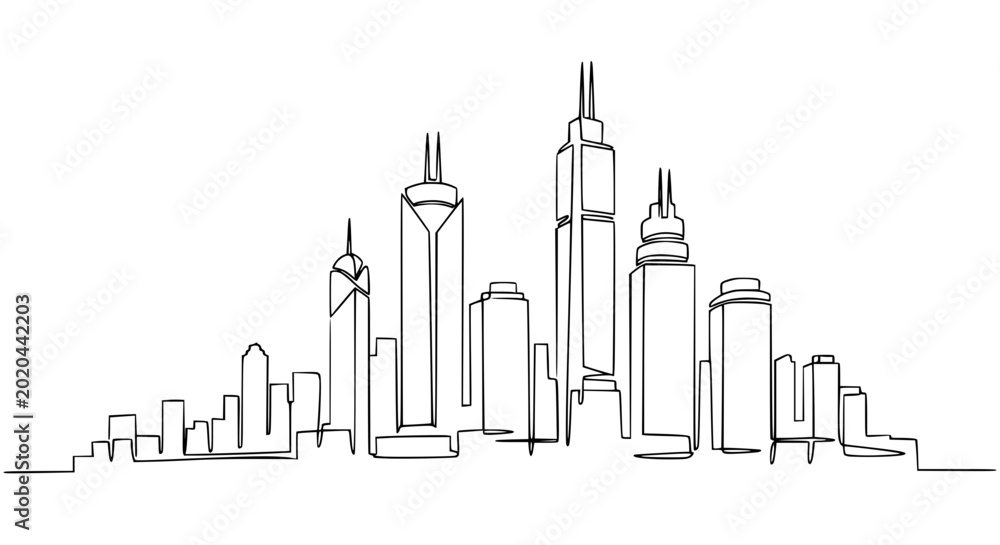 Fototapeta premium Minimalist Cityscape Line Drawing, Modern Architecture Skyline, Urban Art