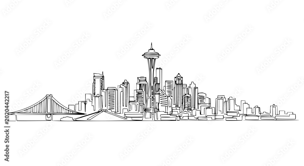 Fototapeta premium Hand-drawn skyline sketch of a modern city with skyscrapers and a bridge