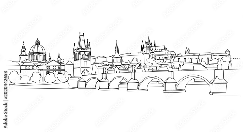 Fototapeta premium Prague Skyline Sketch: Charles Bridge and Old Town Architecture
