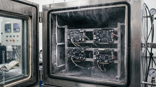 Medium shot of electronic devices undergoing thermal shock testing inside a specialized chamber with rapid temperature changes to ensure durability and performance.
