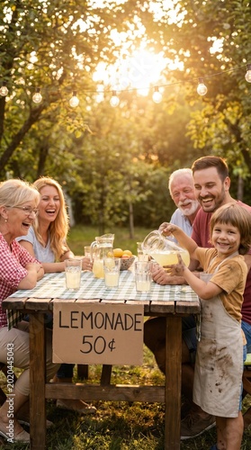 Young boy pours lemonade for parents and grandparents at garden table. Scene radiates joy and mindful connection during golden sunset. Perfect for family lifestyle and parenting content.