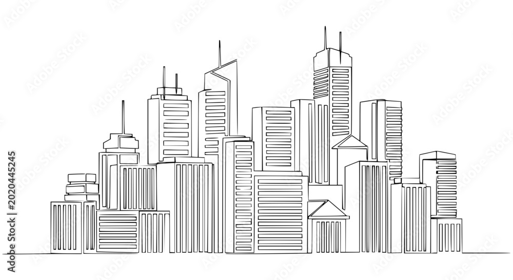Obraz premium Continuous line drawing of a modern city skyline with diverse skyscrapers