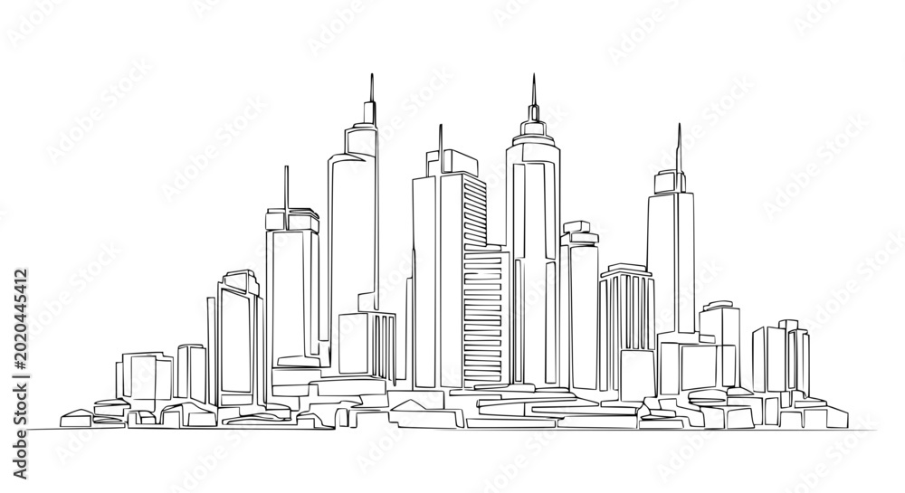 Fototapeta premium Continuous Line Drawing of a Modern City Skyline with Tall Skyscrapers, Urban Landscape