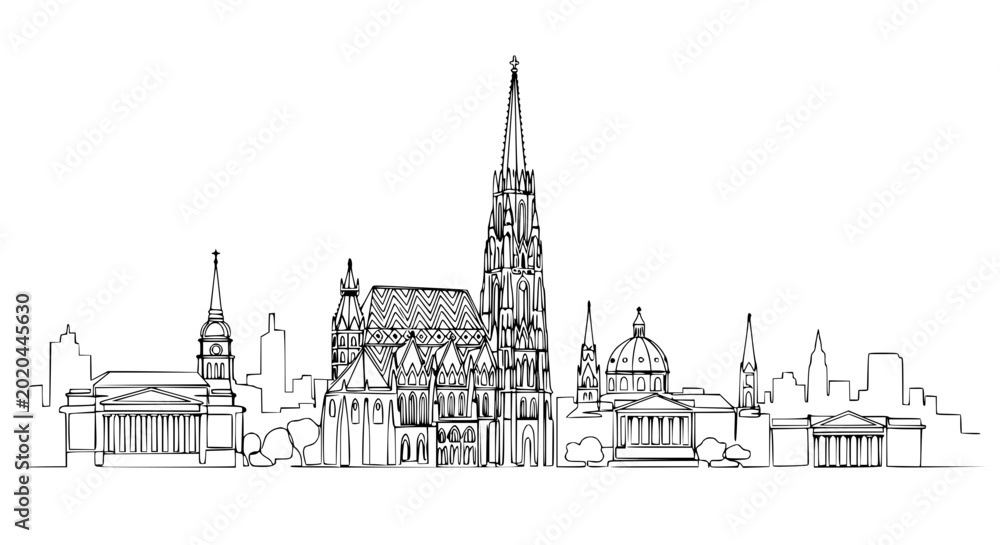 Fototapeta premium Hand-drawn Cityscape Skyline Silhouette with Historic Buildings and Spires