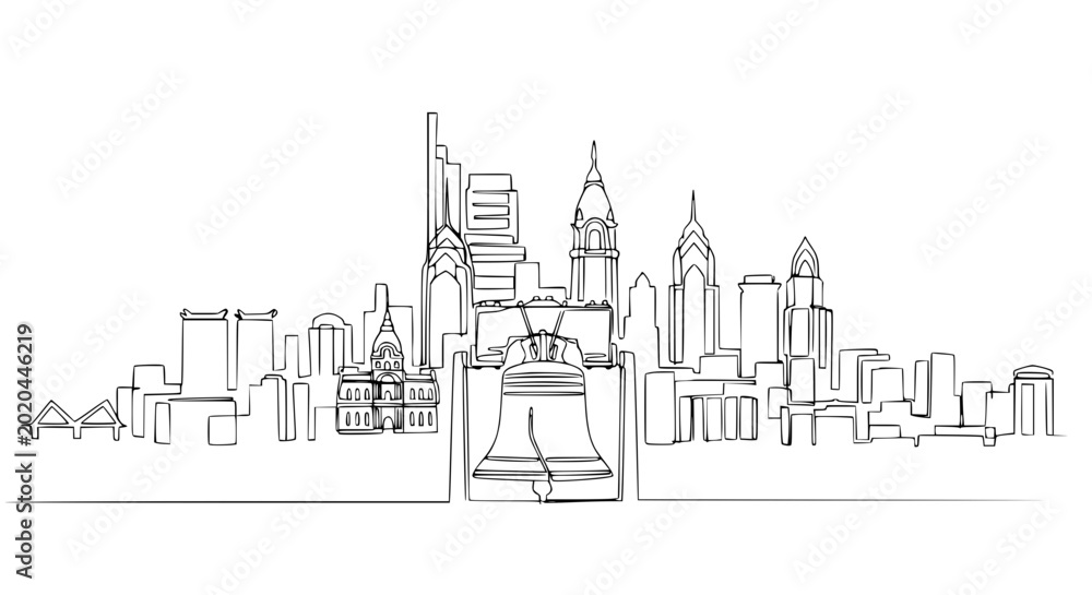 Fototapeta premium Philadelphia Skyline Continuous Line Drawing: Liberty Bell, City Hall, Skyscrapers