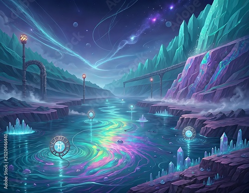 Enchanted Alien River Landscape with Glowing Crystals and Cosmic Night Sky.