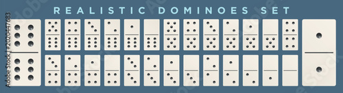 Realistic dominoes collection. Complete set of dominoes arranged in a systematic grid. Realistic tiles with realistic pips offer a modern aesthetic for gaming and educational concepts.
