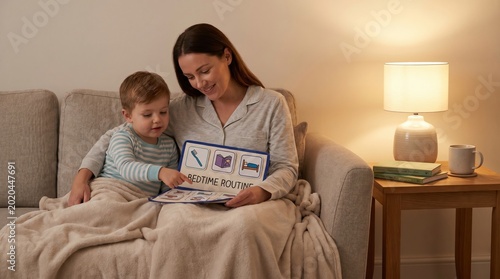 Mother and child looking at bedtime routine board. Gentle parenting approach focuses on emotional connection and structure. Suitable for family wellness and child development content.