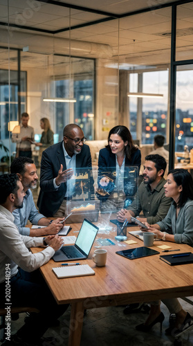 Diverse Office Team Collaborating with Futuristic AI Hologram Technology