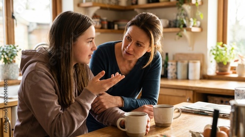 Mother listens to her teenage daughter talking in a kitchen. This scene illustrates mindful parenting and emotional support between family members. Use for articles on family relationships.