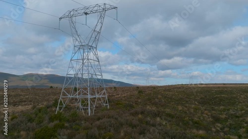 Power transmission towers march across the landscape in Rangipo, New Zealand. These structures are vital for delivering electricity to homes and businesses.
