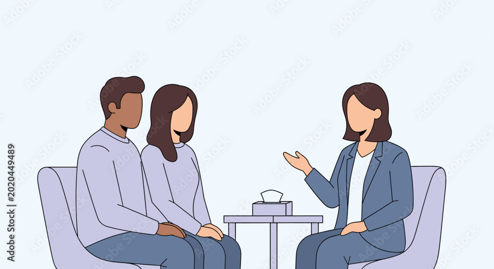 Fototapeta premium Couple attending therapy session with a psychologist or counselor, discussing relationship issues on a couch