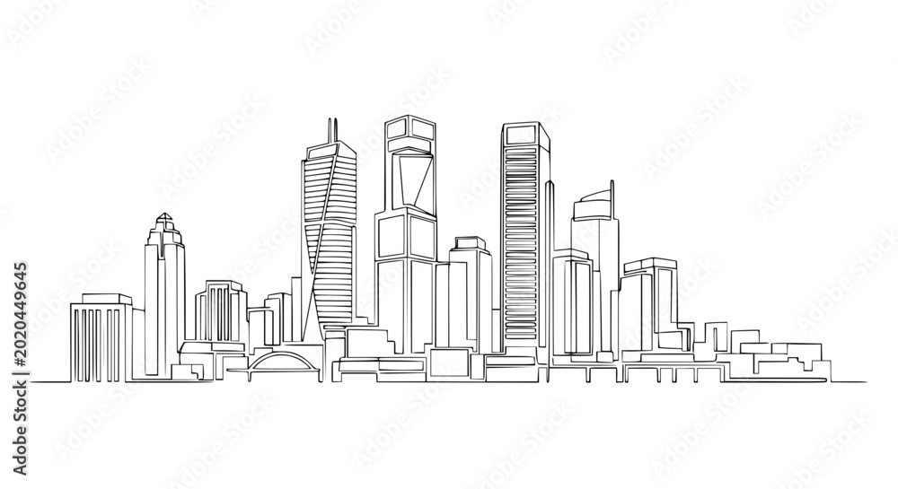 Obraz premium Modern City Skyline Drawing, Minimalist Urban Landscape Sketch, Business District