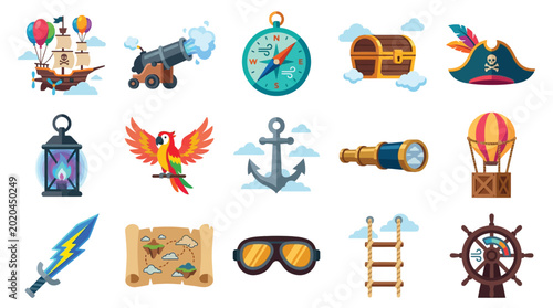 Collection of pirate-themed icons including a ship, cannon, compass, treasure chest, and parrot.