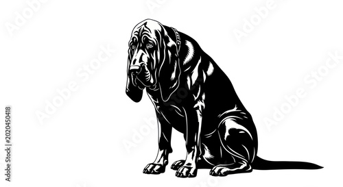 Fotografía Sad Bloodhound Dog Sitting Isolated Black and White Vector Art