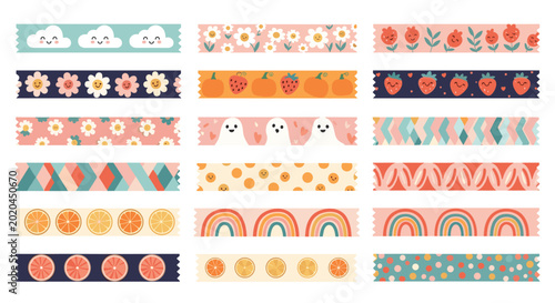 Collection of colorful washi tapes features diverse artistic patterns including flowers, fruits, white clouds, and rainbows.