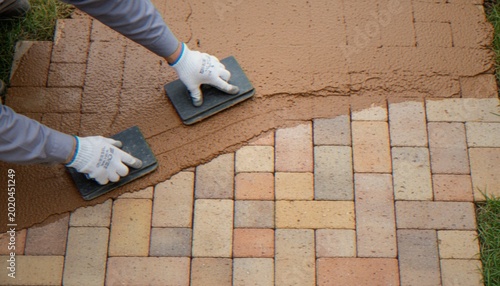 Cuadro en lienzo A construction worker applying grout or mortar to a newly laid brick paver walkway using hand floats