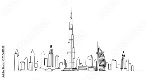 Dubai Skyline Line Art Drawing - Iconic Architecture Silhouette