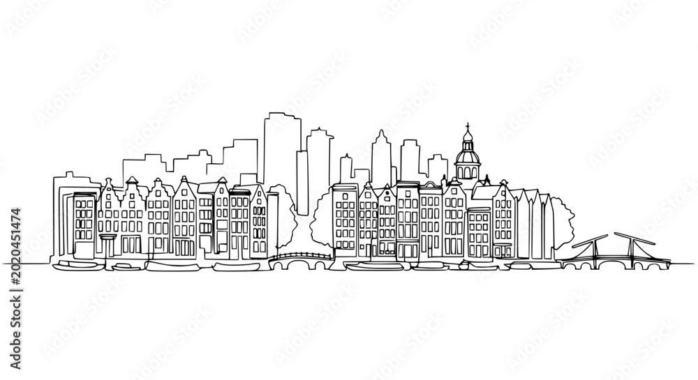 Obraz premium Amsterdam Skyline Continuous Line Drawing: Canal Houses, Bridge, Modern Buildings