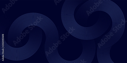 Modern dark blue abstract horizontal banner background with glowing geometric lines. Shiny blue diagonal rounded lines pattern. Futuristic concept. Suit for cover, brochure, presentation, flyer, web