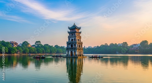 Tranquil Tower Reflection on Serene Lake at Sunrise.