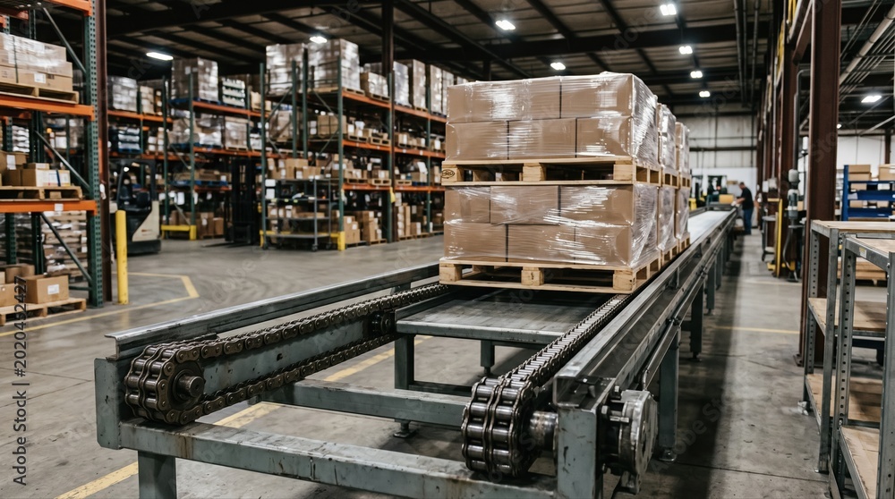 Fototapeta premium Medium shot of a twostrand chain conveyor moving stacked pallets smoothly through an industrial warehouse showcasing durable metal chains and automated material handling.