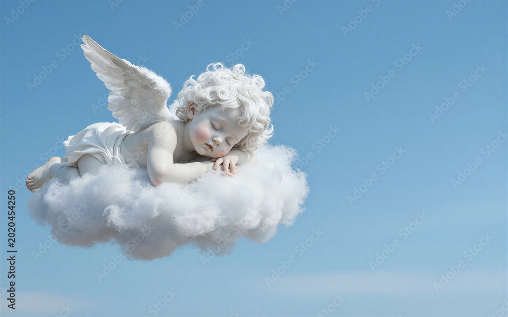 Fototapeta premium Sleeping angel with white wings rests peacefully on fluffy cloud