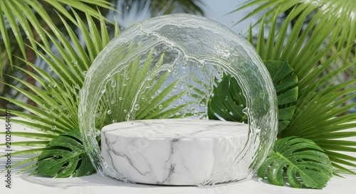 Transparent Dome Enclosing White Platform with Lush Greenery.