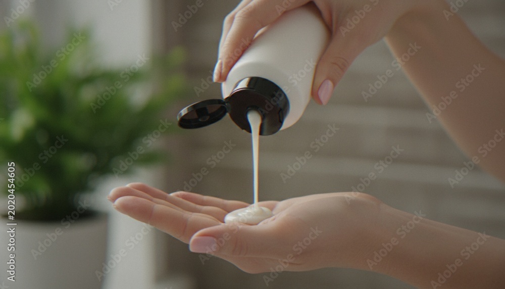 Εκτύπωση καμβά A close-up of a woman squeezing a moisturizing lotion from a white plastic bottle onto her palm for skincare application