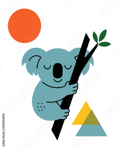 Canvas Print A minimalist cartoon illustration of a koala in a light blue color climbing a bl