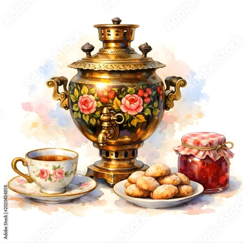 Watercolor Russian traditional samovar with cookies and strawberry jam 